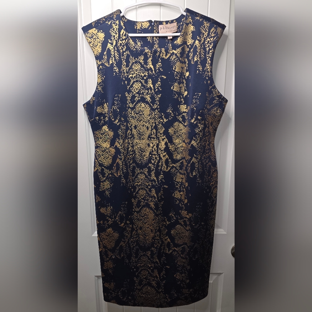 Philosophy Snake Skin Navy and Gold Stunning Sheath Dress NWT XL ♥️